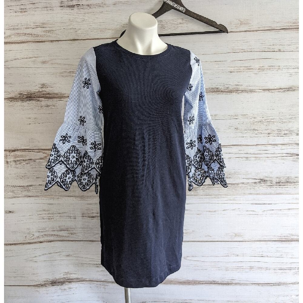 Loft Navy Blue Eyelet Bell Sleeve Shift Dress XS
